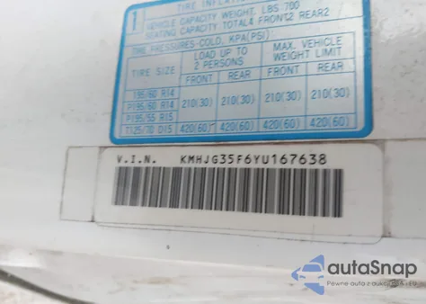 2000 Hyundai Tiburon Base Pkg 1, 2 5/Base Pkg 3 4 z USA, uszkodzony, nr VIN KMHJG35F6YU167638